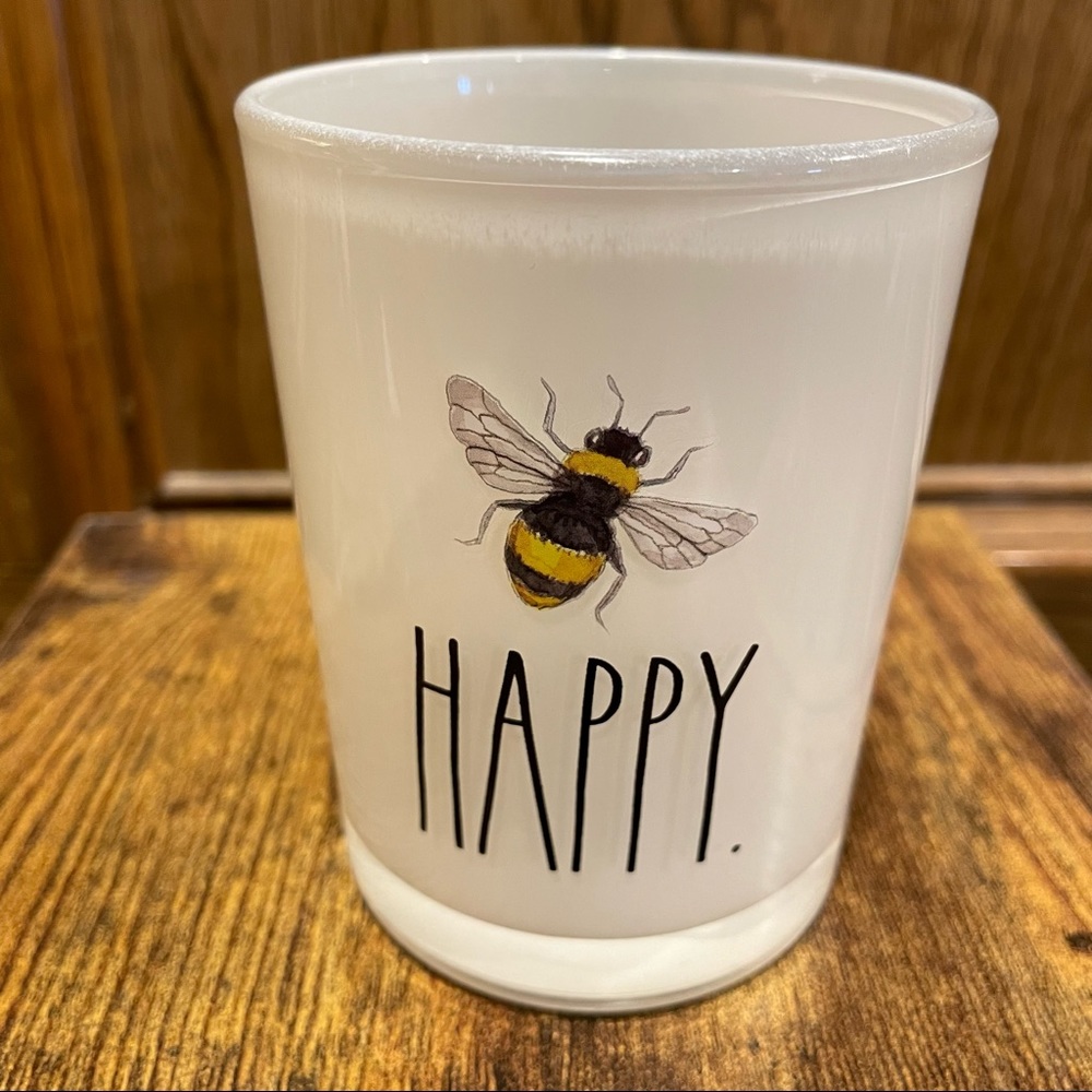 Rae Dunn BEE HAPPY w/Bee Design Glass Brush/Bathroom/Makeup Cup NEW!